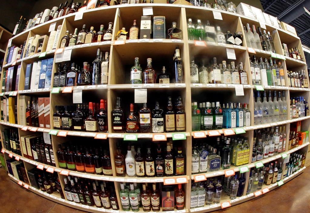 This June 16, 2016 file photo made with a fisheye lens shows bottles of alcohol during a tour of a liquor store.
