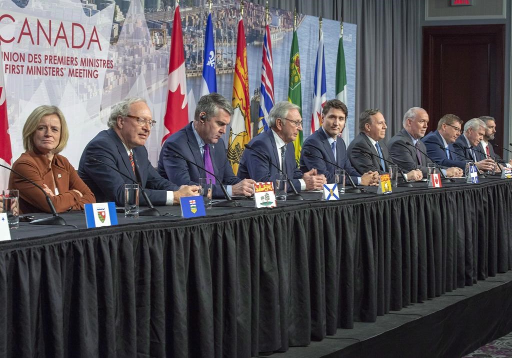 Canadian premiers and the Prime Minister speak to the media at the First Ministers closing news conference, Friday, December 7, 2018 in Montreal.