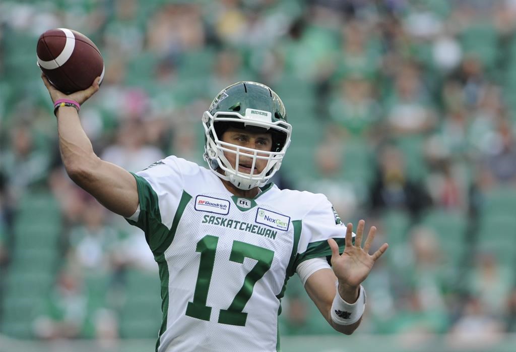 The Bombers have agreed in principle on a trade to acquire quarterback Zach Collaros, pictured playing for the Saskatchewan Roughriders, from the Toronto Argonauts.