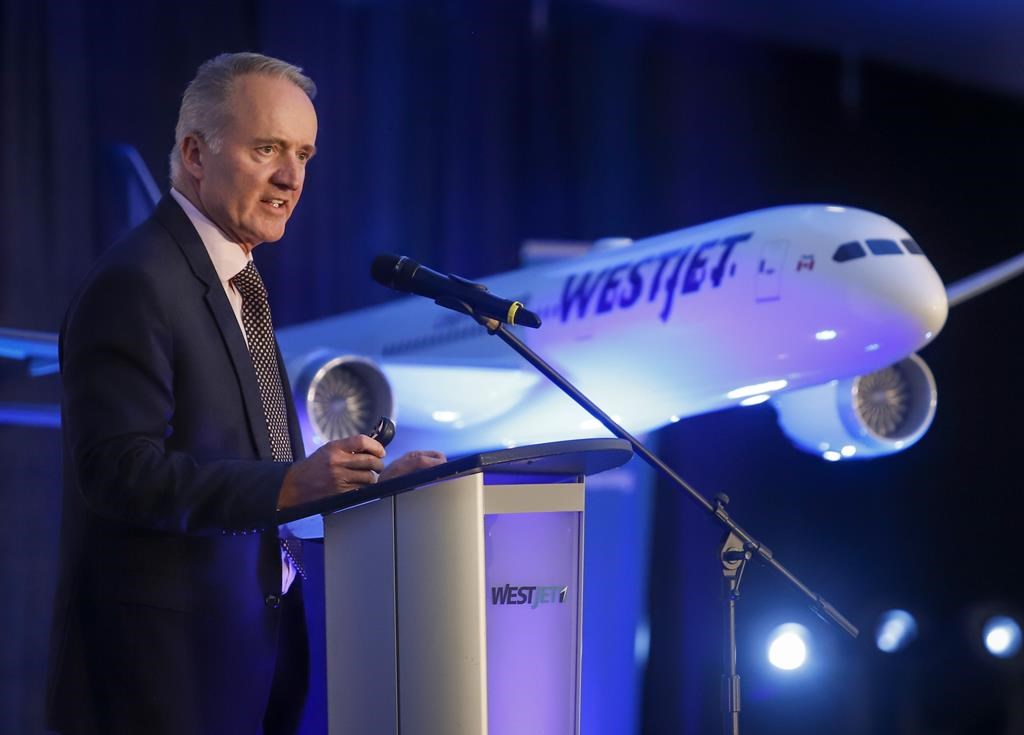 WestJet president and CEO Ed Sims addresses the airline's annual meeting in Calgary, Tuesday, May 7, 2019. WestJet chief executive Ed Sims says the grounding of the Boeing 737 Max is having a "substantial negative impact" on the airline, even as the company reported robust earnings in its first full quarter without the fuel-efficient jetliner and on the cusp of its acquisition by Onex Corp.