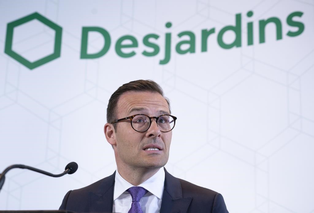 Desjardins president and CEO Guy Cormier reads a statement during a news conference in Montreal on June 20, 2019.