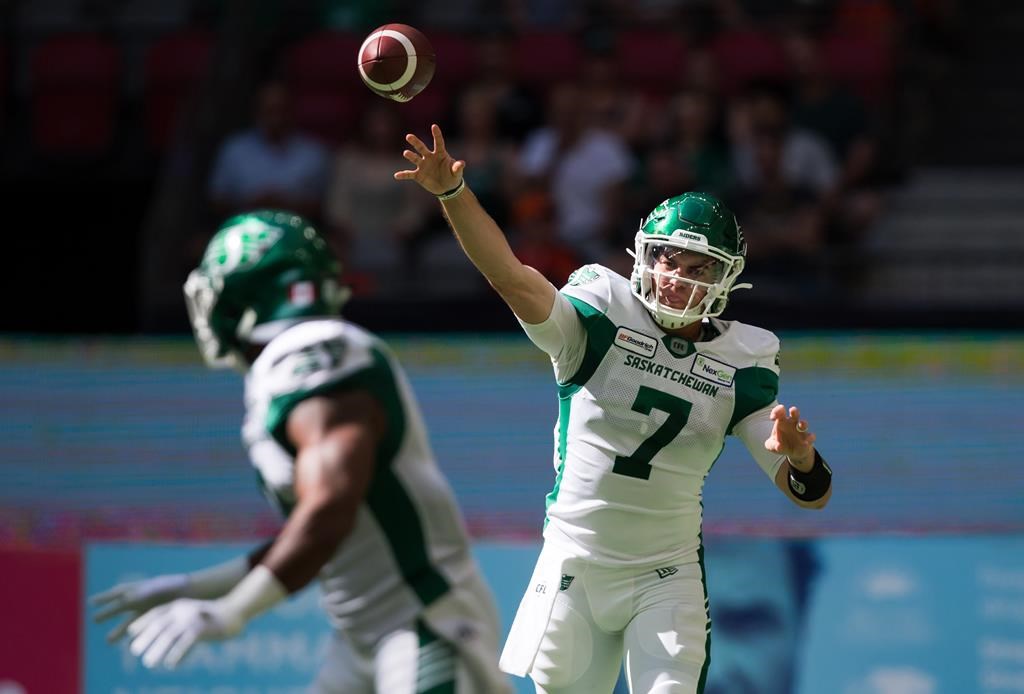 Saskatchewan Roughriders quarterback Cody Fajardo (7) passes during the first half of a CFL football game against the B.C. Lions, in Vancouver, on Saturday July 27, 2019. With Saskatchewan trading veteran quarterback Zach Collaros to the Toronto Argonauts on Wednesday, the usual football parlance would now call the Roughriders Cody Fajardo's team.