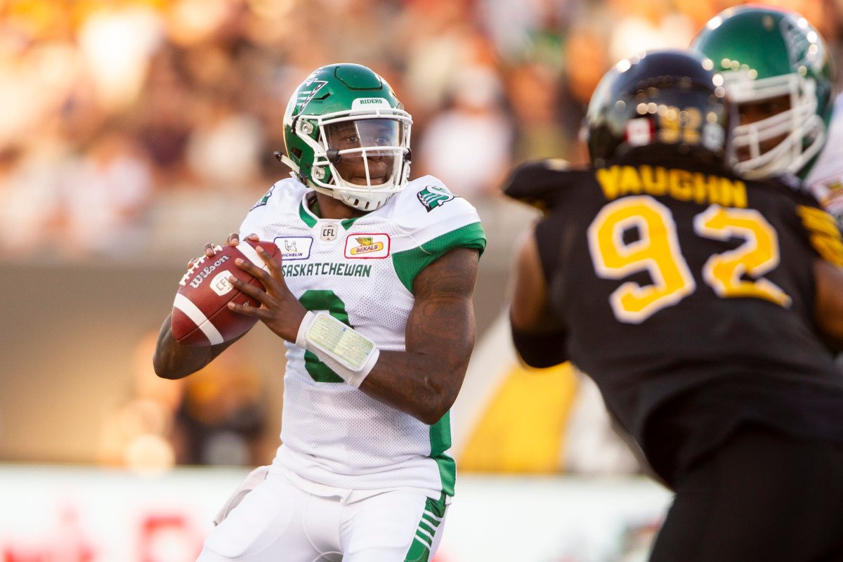 Saskatchewan Roughriders quarterback David Watford looks for a receiver during first-quarter CFL action against the Hamilton Tiger-Cats in Hamilton, Ont., on Thursday, July 19, 2018.