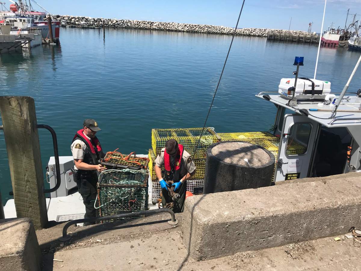 Investigators with Department of Fisheries and Oceans search a fishing boat. 