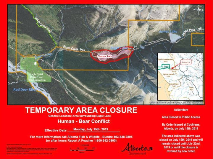 An area surrounding Eagle Lake in west-central Alberta has been closed to people because of bear activity, according to a post on Alberta Fish and Wildlife's Facebook page.