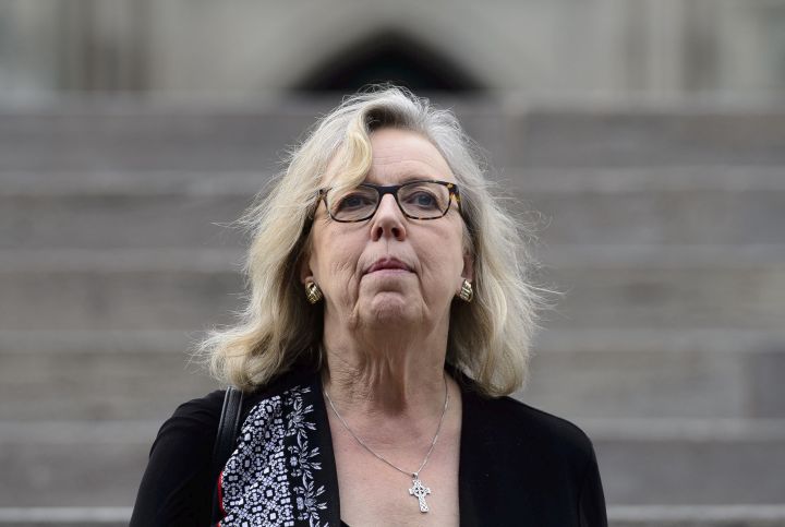 Green Party Leader Elizabeth May makes her way from Parliament Hill in Ottawa on Tuesday, June 18, 2019. With exactly three months until Canadians vote in the next federal election, May says her big hope for the final result is a minority government over which she can exert some influence.