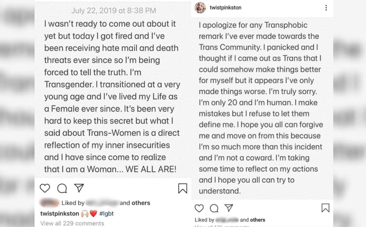 Carissa Pinkston shared a coming out post, followed by a post admitting she was lying. Both posts have been deleted.