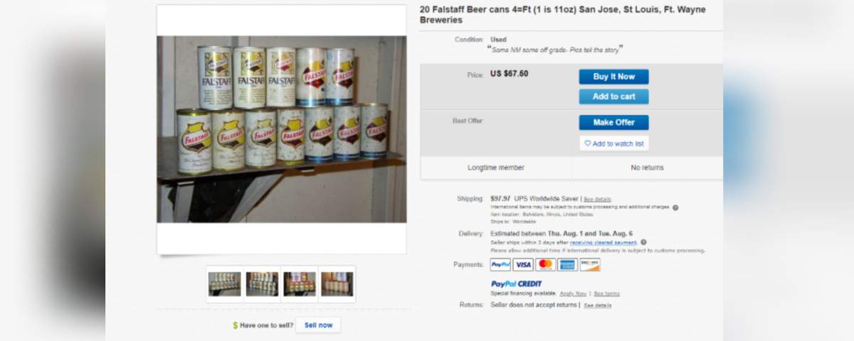 Vintage Falstaff beer cans go for around US$10 a pop on Ebay.