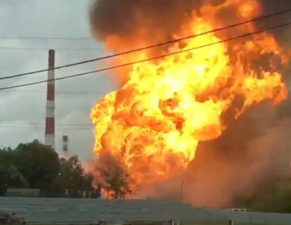 A still image taken from a video footage shows the fire at an electricity generating power station in the Moscow region, Russia July 11, 2019. 
