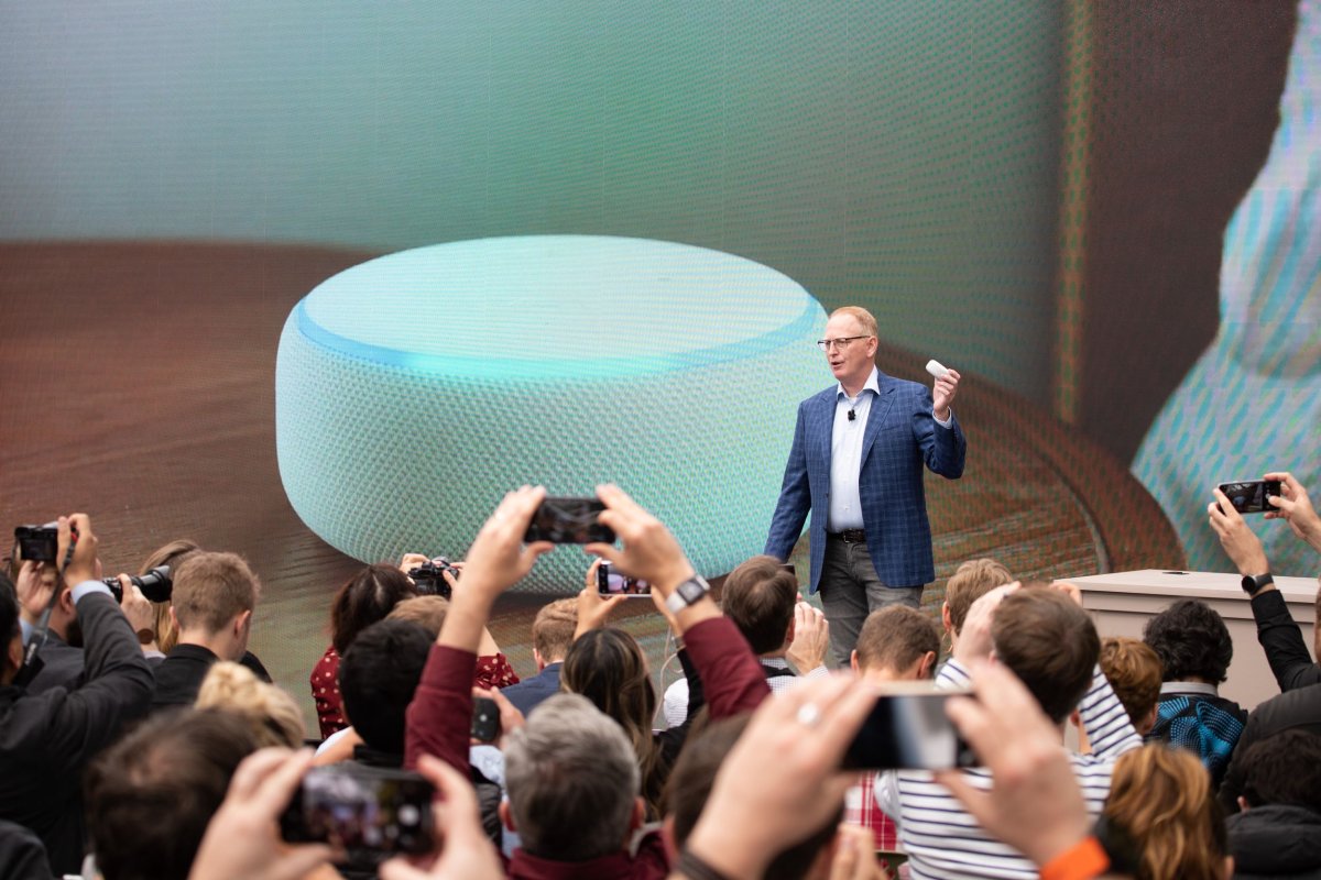 Dave Limp, senior vice president of Amazon devices, announces the new Echo Dot at The Spheres in Seattle on September 20, 2018. - (Photo by Grant HINDSLEY / AFP)        (Photo credit should read GRANT HINDSLEY/AFP/Getty Images).