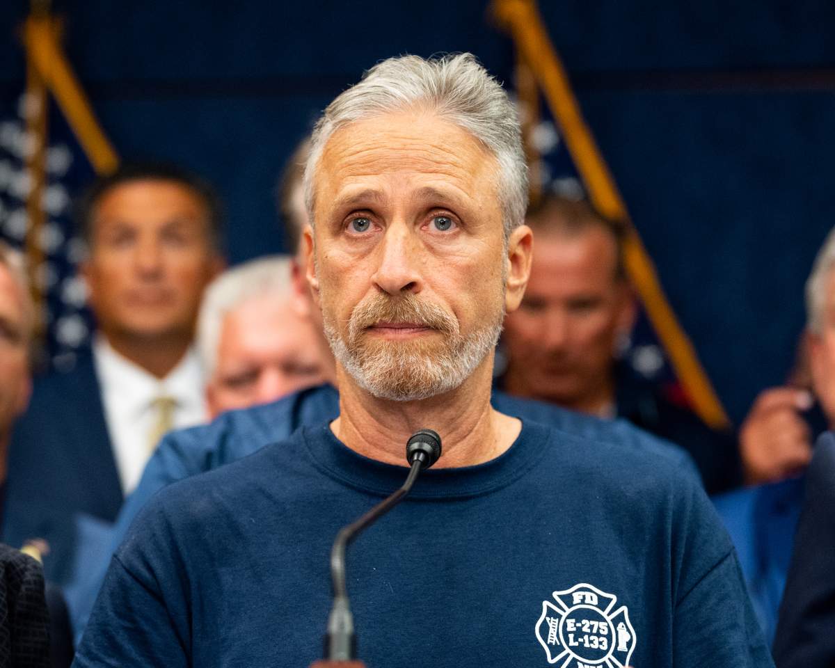 Jon Stewart speaking at the press conference held after the passage of H.R.1327 – Never Forget the Heroes: James Zadroga, Ray Pfeifer, and Luis Alvarez Permanent Authorization of the September 11th Victim Compensation Fund Act at the Capitol in Washington, DC.