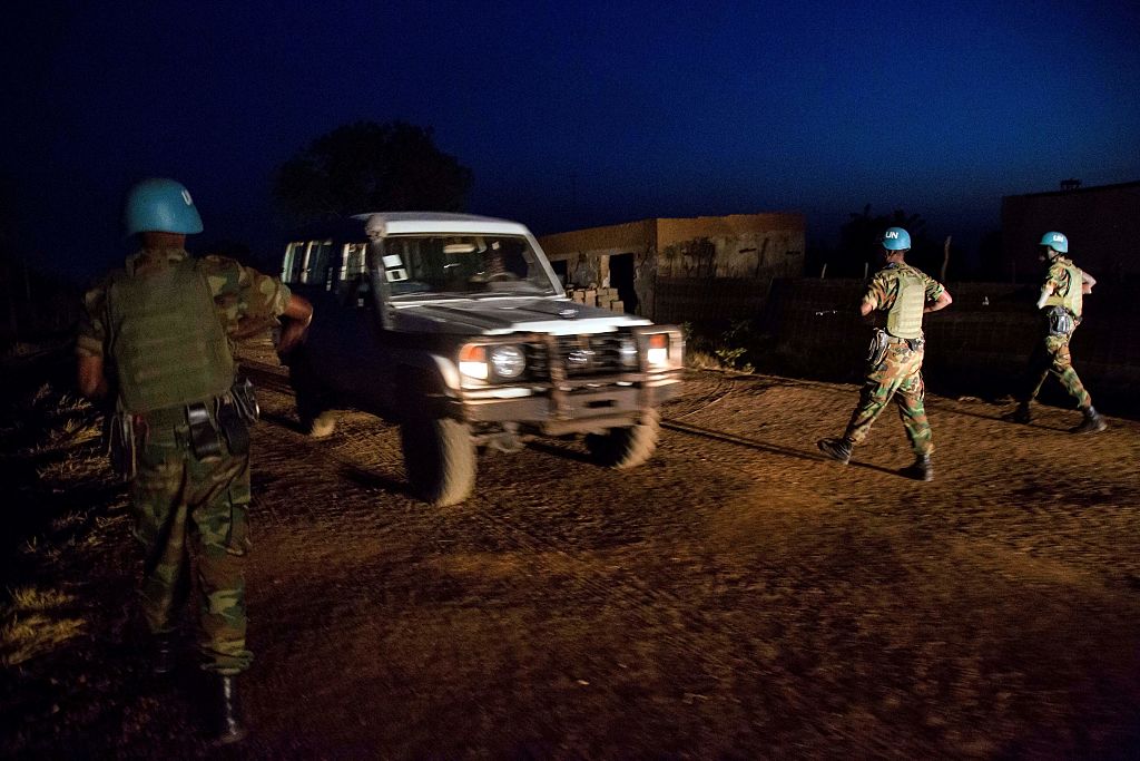 Peacekeeper troops from Ethiopia and deployed in the United Nations (UN) Interim Security Force for Abyei (UNISFA) patrol at night in Abyei town, Abyei state, on December 14, 2016.
The Abyei Administrative Area is a disputed territory between Sudan and South Sudan with a longstanding intercommunal tensions between the Ngok-Dinka ethnic majority and the pastoral Misseriya population, who migrate through the area seasonally from the north. An attack by Government of Sudan forces on Abyei in May 2011 displaced the majority of the Ngok Dinka population, approximately 105,000 people to areas south of the River Kiir, which became overcrowded and are suffering a huge competition over natural .