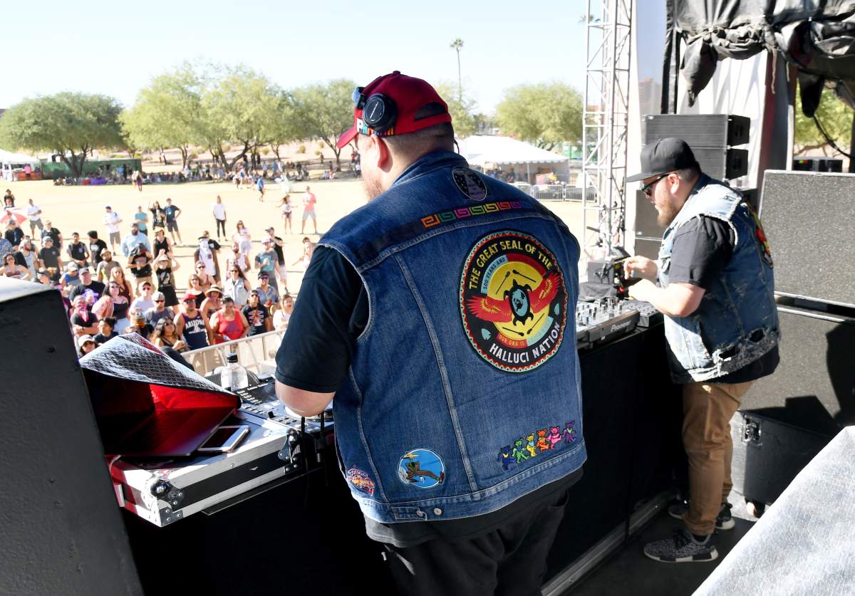 Bear Witness (L) and ‘2oolman’ of A Tribe Called Red perform at Camelback Stage during Day 3 of the 2017 Lost Lake Festival on Oct. 22, 2017, in Phoenix, Arizona.