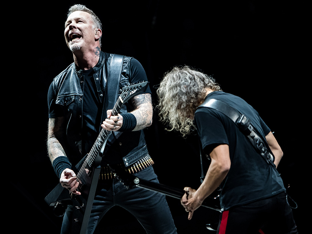 James Hetfield and Kirk Hammett (R) of Metallica perform during the 'WorldWired' tour at SAP Arena on Feb. 16, 2018 in Mannheim, Germany.