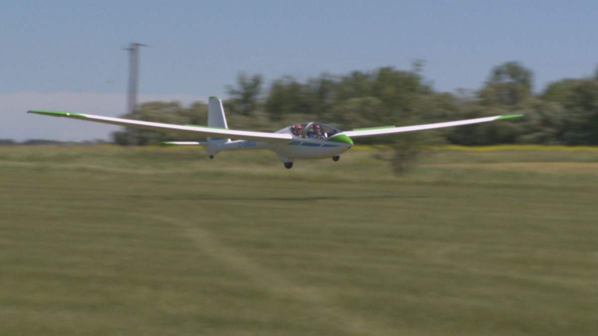 A glider lands near Starbuck, Man., on July 14, 2019.