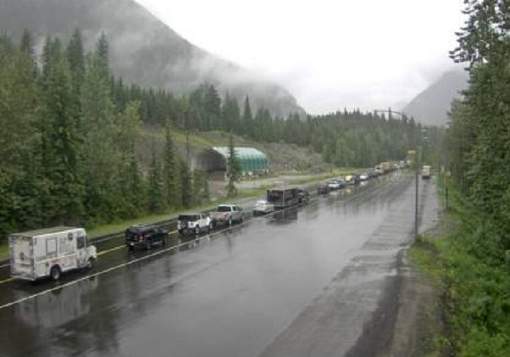 Highway 1 was closed in both directions about 33 kilometres east of Revelstoke on Wednesday. 