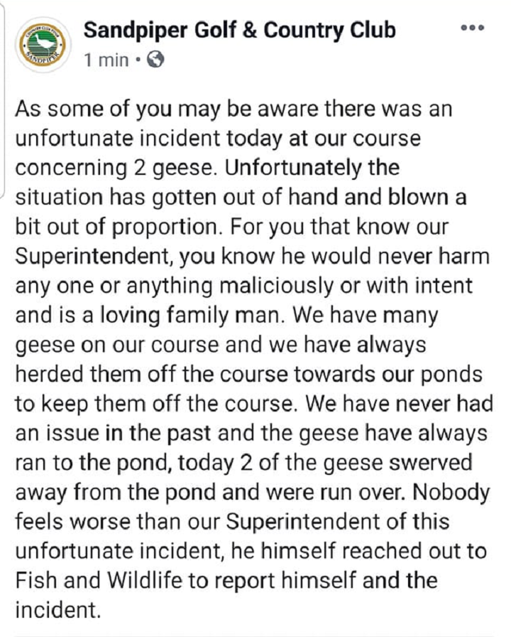A screenshot of a statement that was posted to the Facebook page of the Sandpiper Golf and Country Club on Thursday afternoon.