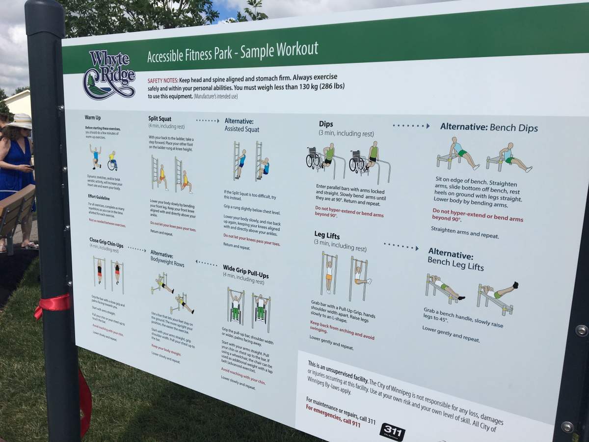 A chart of different exercises at the fitness park.