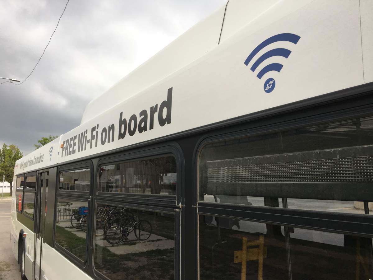 A Winnipeg Transit bus with free wifi.