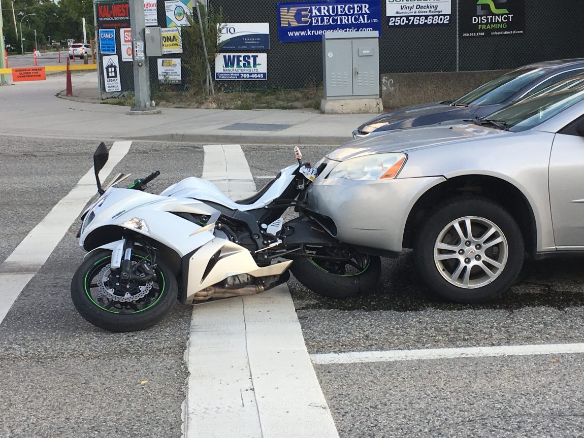 A motorcycle was rear-ended on Harvey Avenue in Kelowna on Tuesday evening. 
