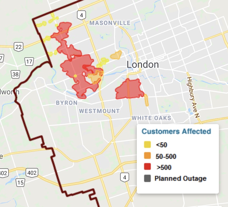 Several neighbourhoods and thousands of Londoners lost power on Saturday night.