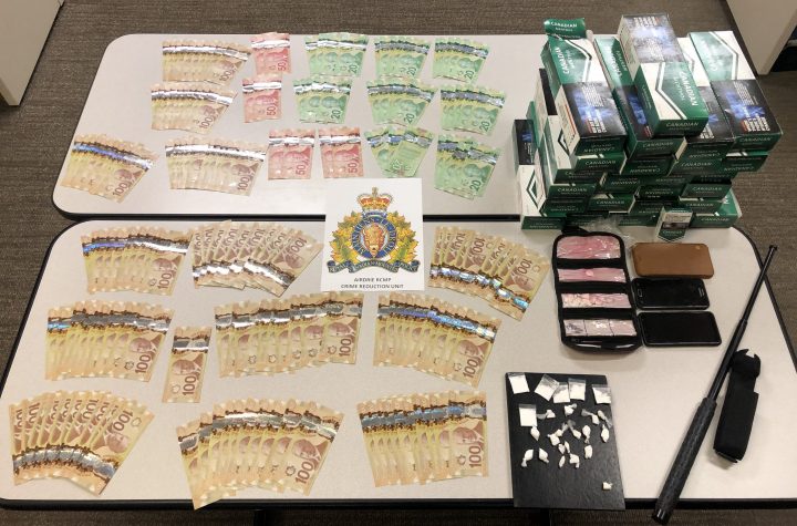 Airdrie RCMP seized cocaine, fentanyl, unstamped tobacco, Canadian money and a police baton on July 21, 2019.