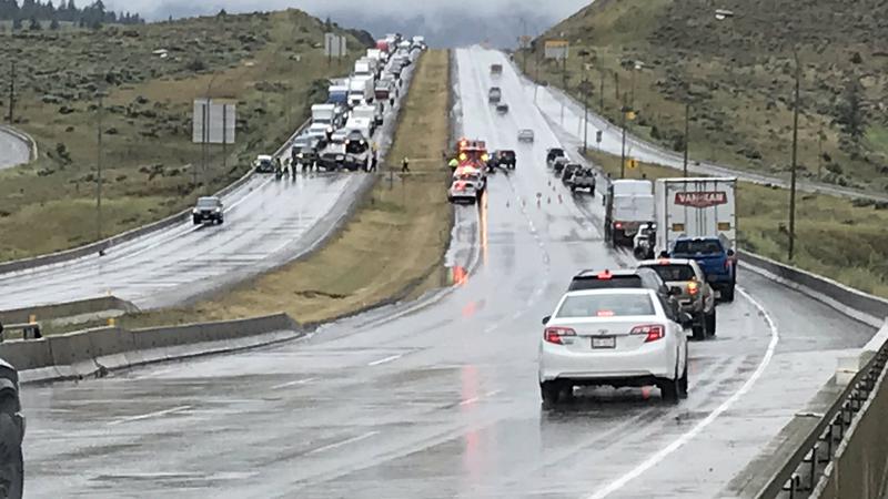 Police and emergency crews at the scene of a serious crash on the Coquihalla Highway south of Kamloops on Friday, July 5, 2019.