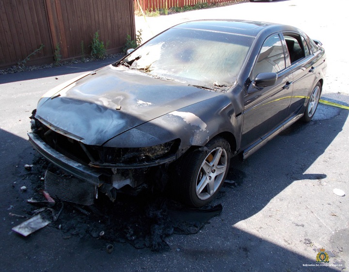 This black Acura TL suffered fire damage on July 8. Kelowna RCMP believe the fire was intentionally set.