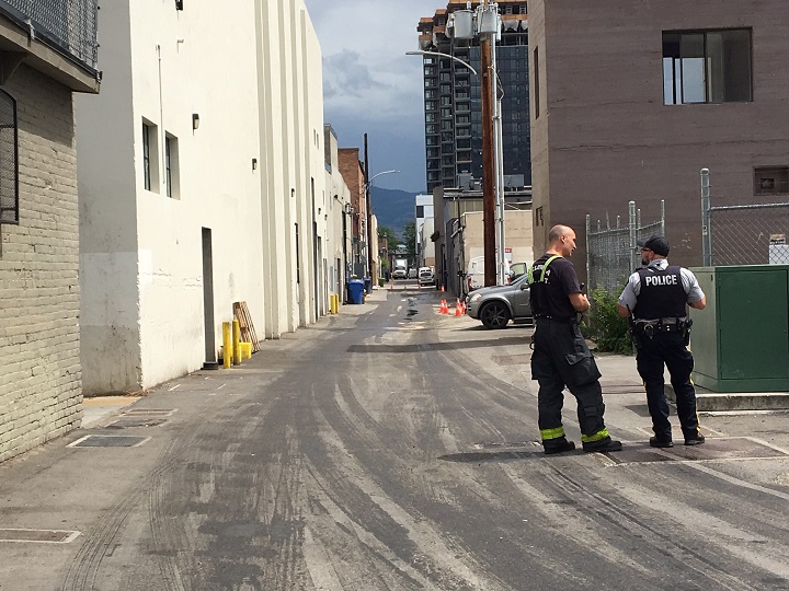 An alley in downtown Kelowna was closed because of a large grease spill.