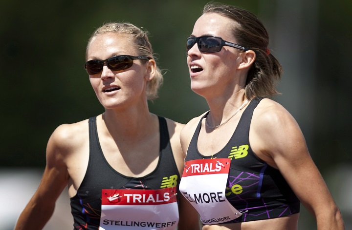 Hilary Stellingwerff, left, from London, Ont., and Malindi Elmore, from Kelowna, B.C., embrace after competing in the women's 1,500-metre event at the Canadian Track and Field Championships in Calgary in June 2012. Elmore announced this week that she is now a marathon runner.