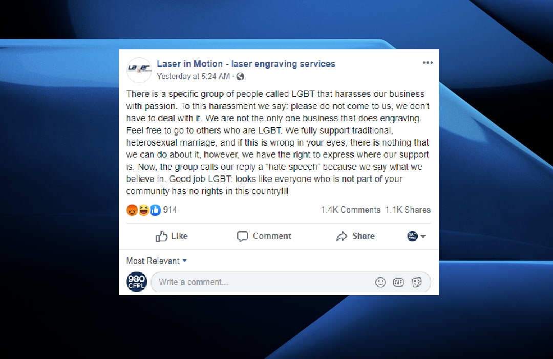 A Facebook post published on Monday announcing Laser in Motion's anti-LGBTQ2 stance.