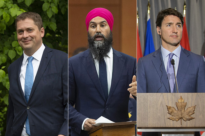 Andrew Scheer, Jagmeet Singh and Justin Trudeau appear in a combination photo.