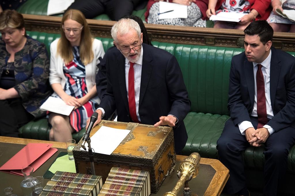 Britain’s main opposition Labour Party Leader Jeremy Corbyn speaks during question time inside the House of Commons in London, Wednesday, July 10, 2019. (Jessica Taylor/House of Commons via AP)