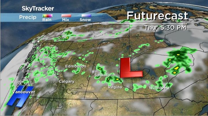 Low-pressure system pushing through the province will bring showers Wednesday-Thursday.