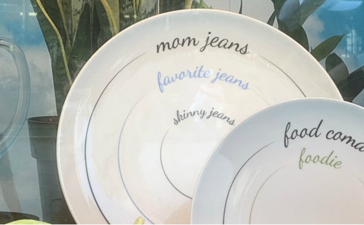 Macys pulled a set of plates with implied portion sizing reading "mom jeans," "favorite jeans" and "skinny jeans".