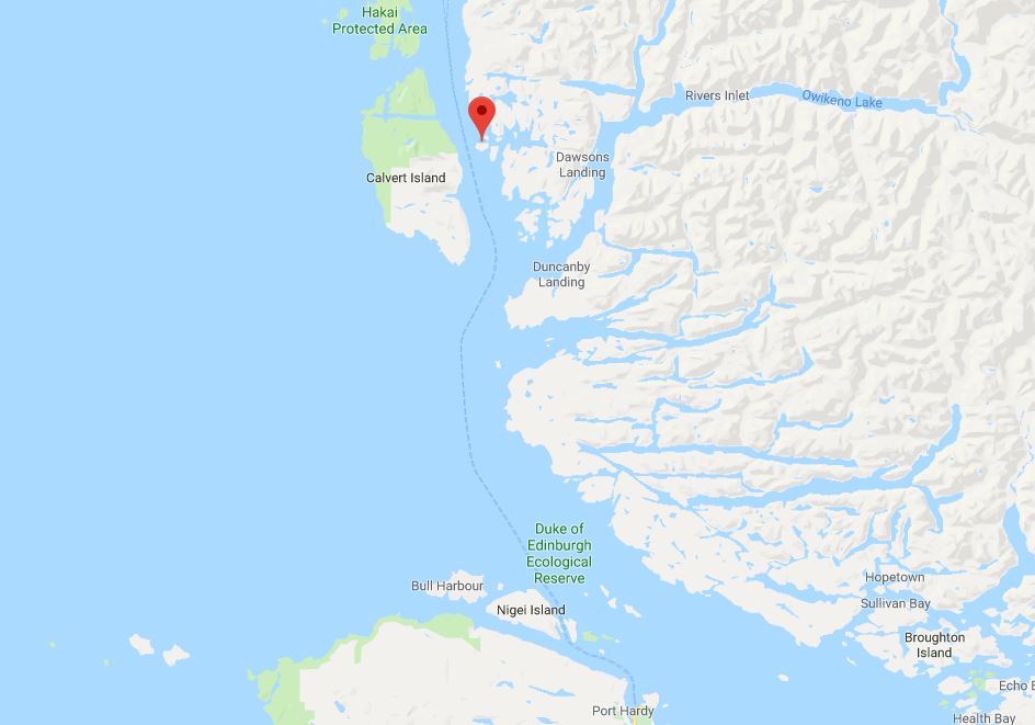 A pin shows the location of Addenbroke Island, approximately 100 kilometres north of Port Hardy, B.C.