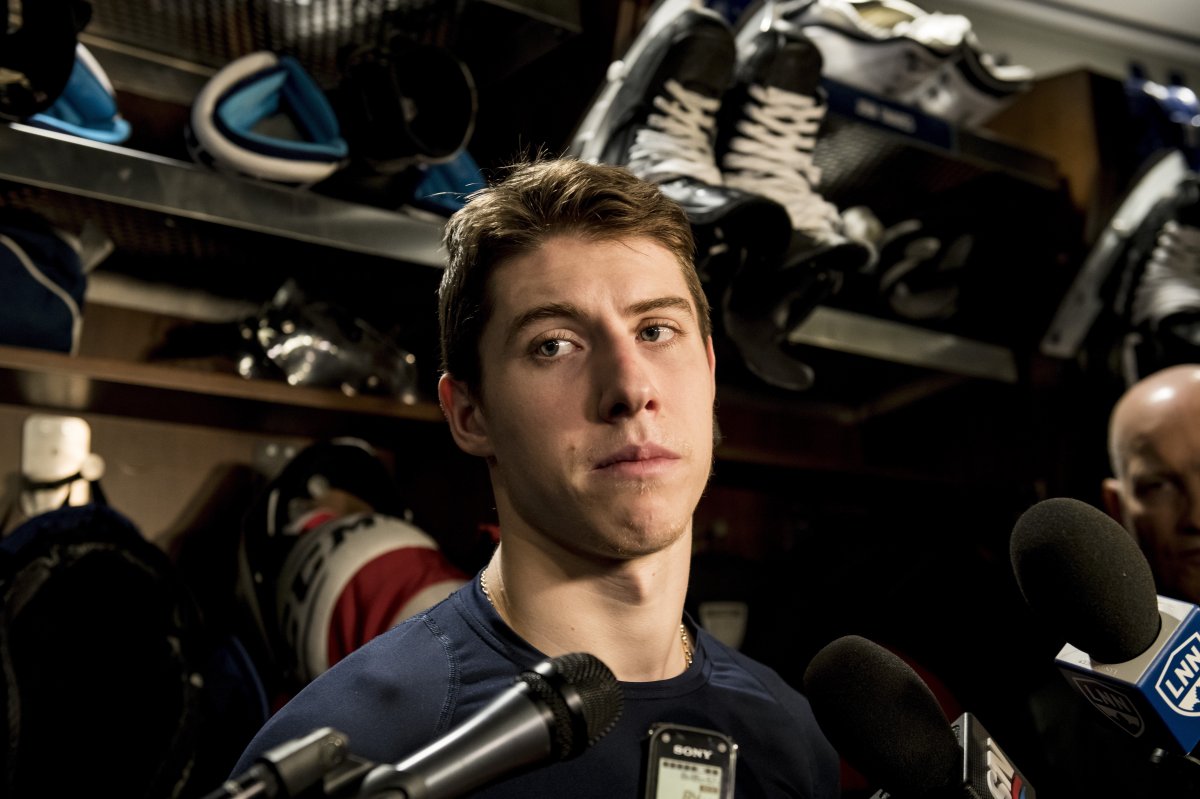 Toronto Maple Leafs winger Mitch Marner speaks to the media at Scotiabank Arena.