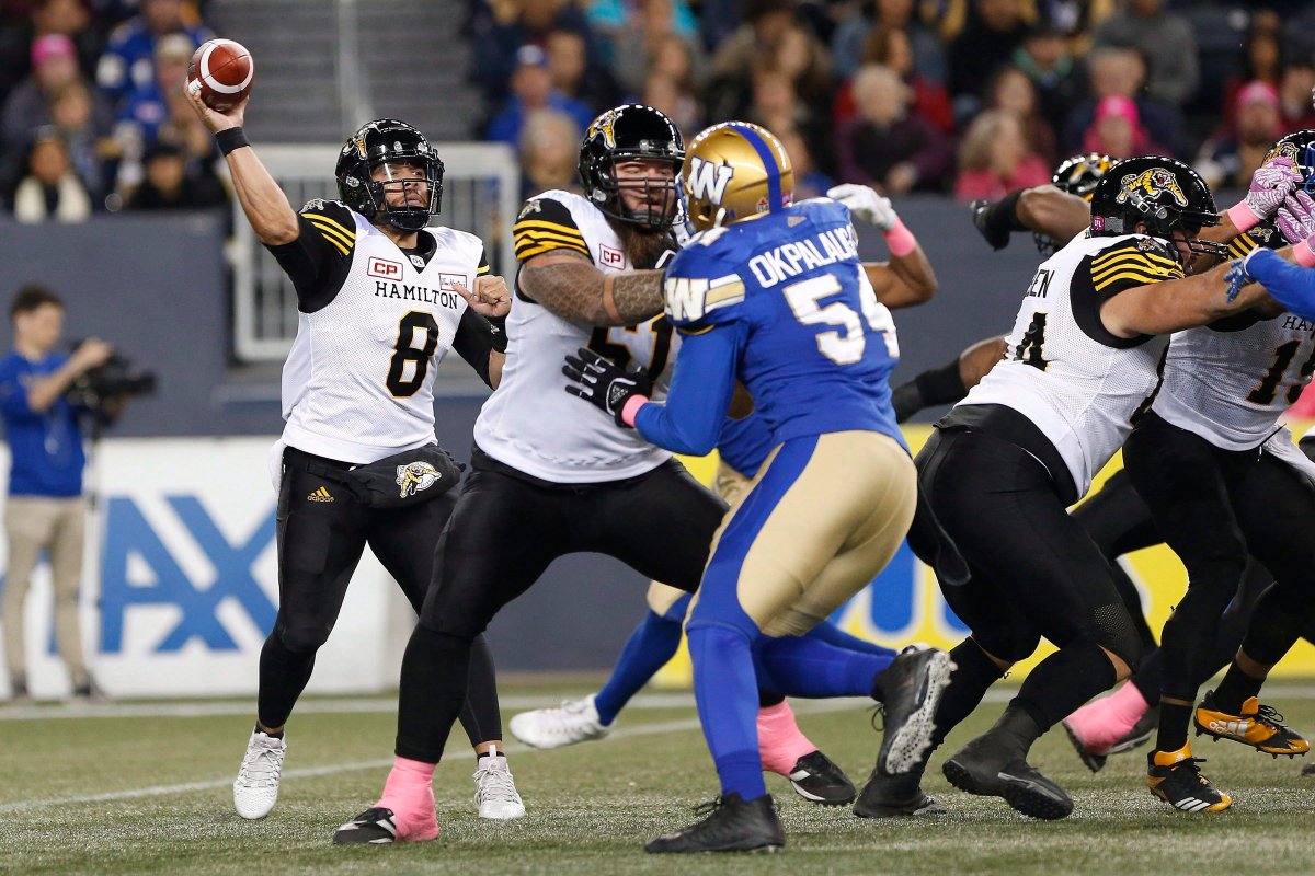 Hamilton Tiger-Cats quarterback Jeremiah Masoli (8) throws against the Winnipeg Blue Bombers during the first half of CFL action in Winnipeg on Friday, Oct. 6, 2017. 