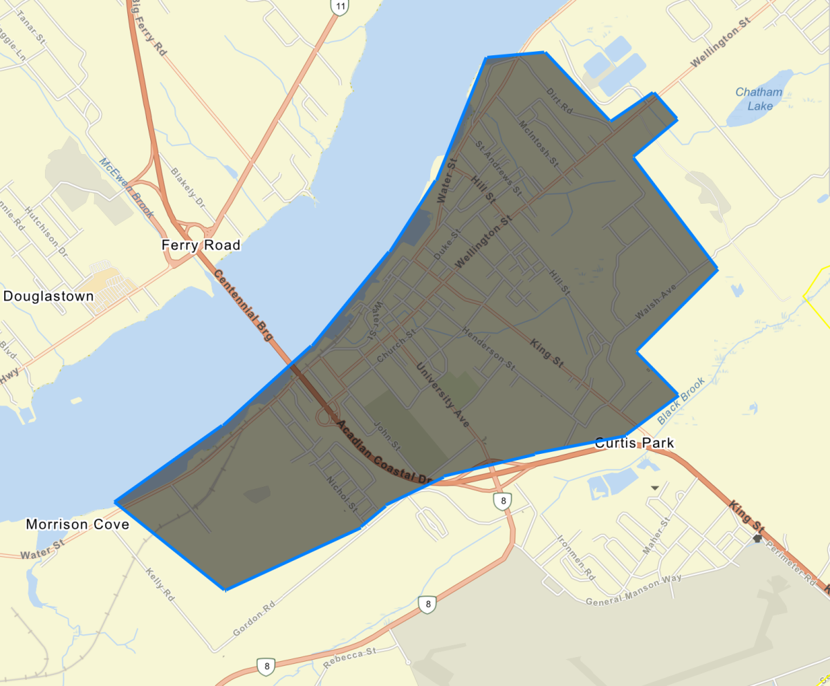 Highlighted neighbourhoods are affected by the boil water order. Photo provided by the City of Miramichi, July 10, 2019.