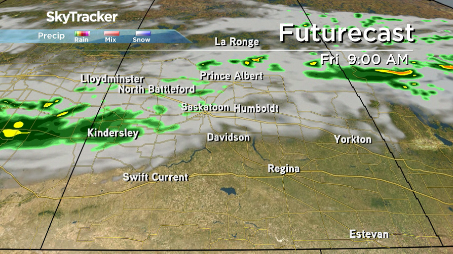 More showers are possible early Friday in Saskatoon before clouds build into Regina during the afternoon.