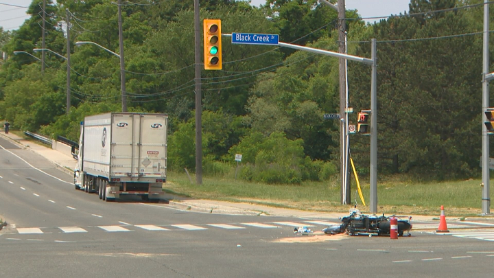 Police are investigating after a motorcycle and a truck collided at Black Creek Drive and Lawrence Avenue.