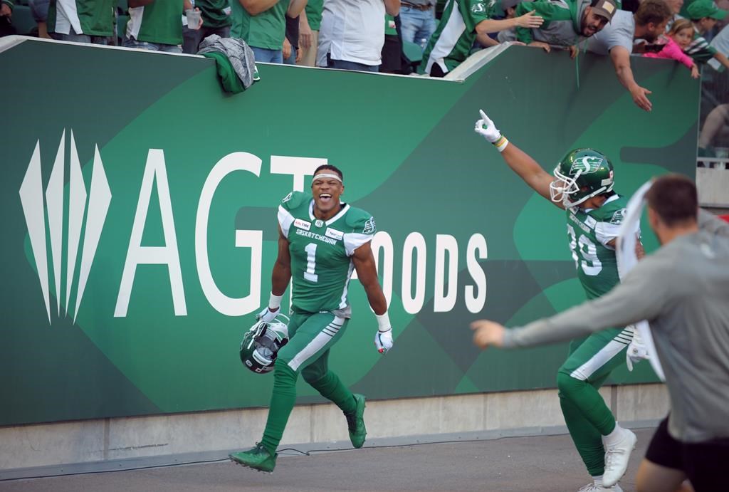 Saskatchewan Roughriders wide receiver Shaq Evans celebrates a touchdown during second-half CFL action against the BC Lions at Mosaic Stadium in Regina on Saturday, July 20, 2019.
