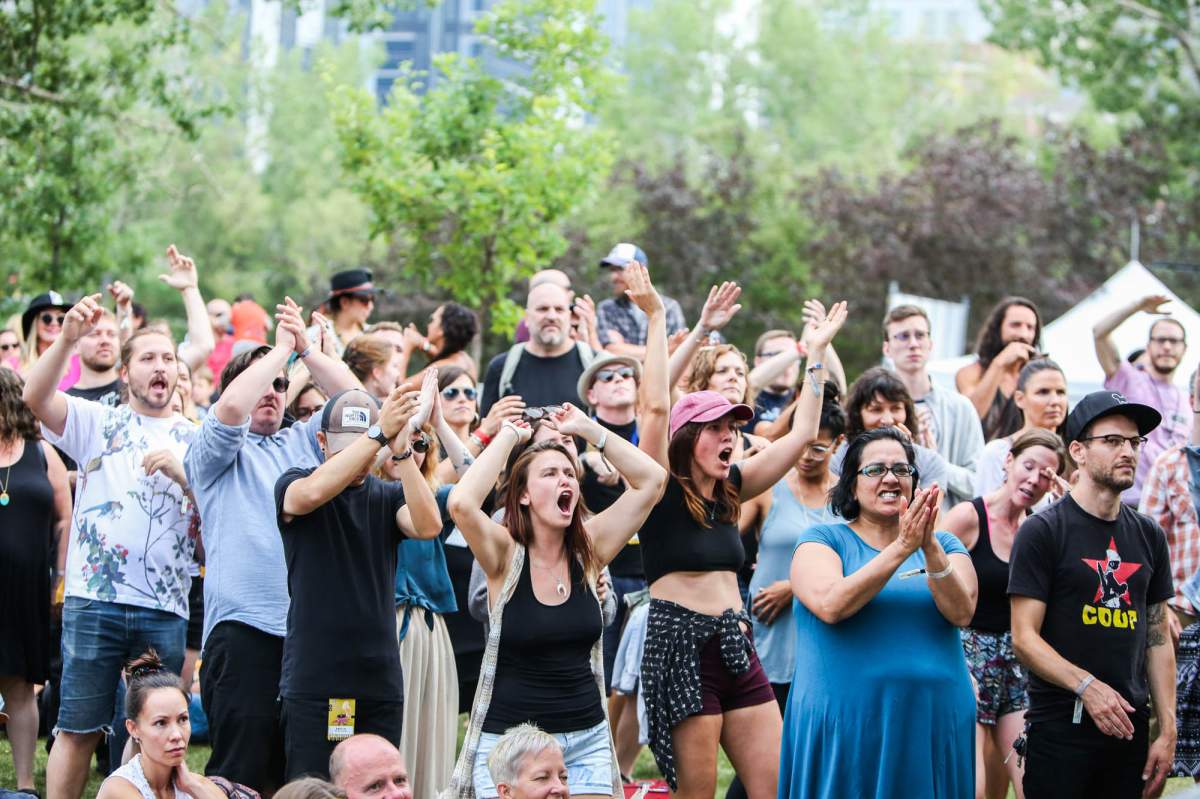 Fans cheer and dance during a performance at the 2018 Calgary Folk Music Festival.