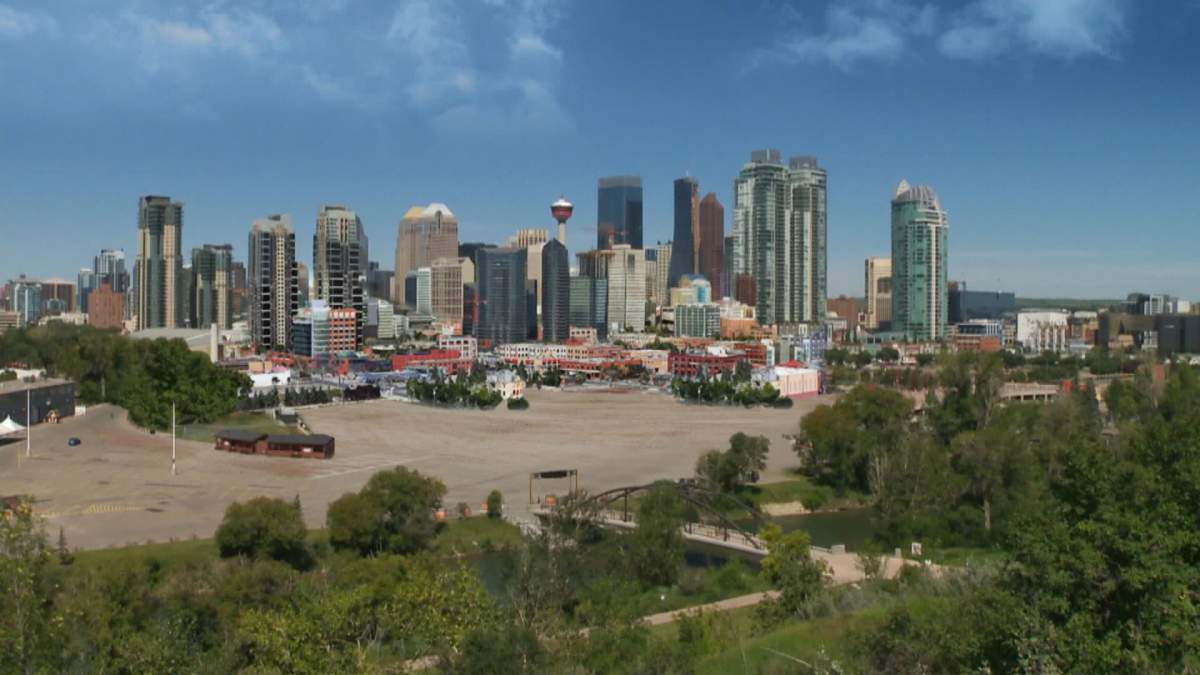 A rendering of the Calgary skyline without the Saddledome.