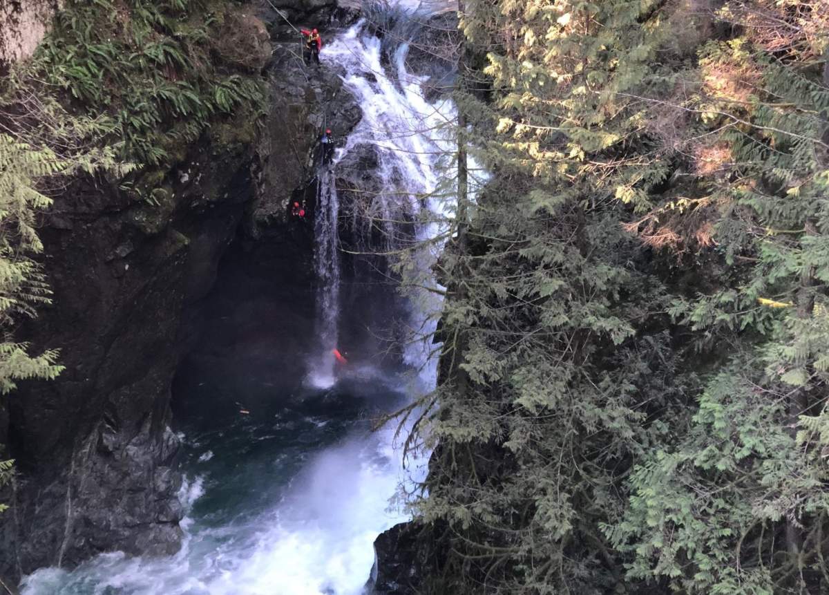 District of North Vancouver fire crews conduct a technical rescue for a young woman who injured her ankle in Lynn Canyon Park on Sunday, July 21, 2019.
