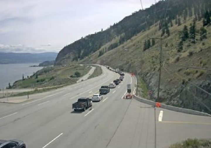 A lineup of southbound traffic can be seen near Callan Road, north of Summerland, along Highway 97 on Tuesday afternoon.