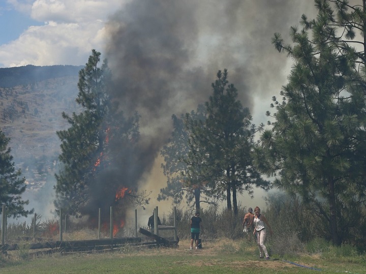 Thick smoke from a small fire in the South Okanagan near Oliver billowed from the area as onlookers watched crews knock down the bush blaze.