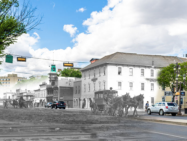 A superimposed photo shows what the corner of Gateway Boulevard and Whyte Avenue used to look like, compared to now.