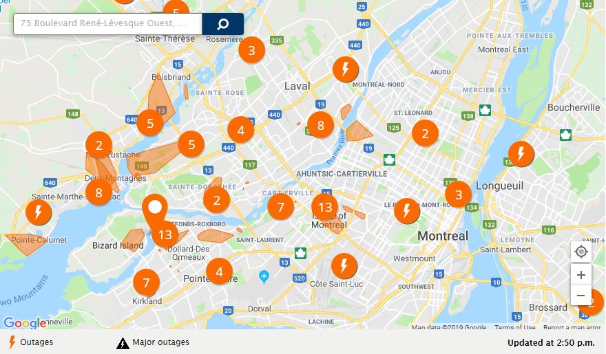 At the height of the power outage, there more than 63,000 clients without power across Quebec. Tuesday July 30, 2019.