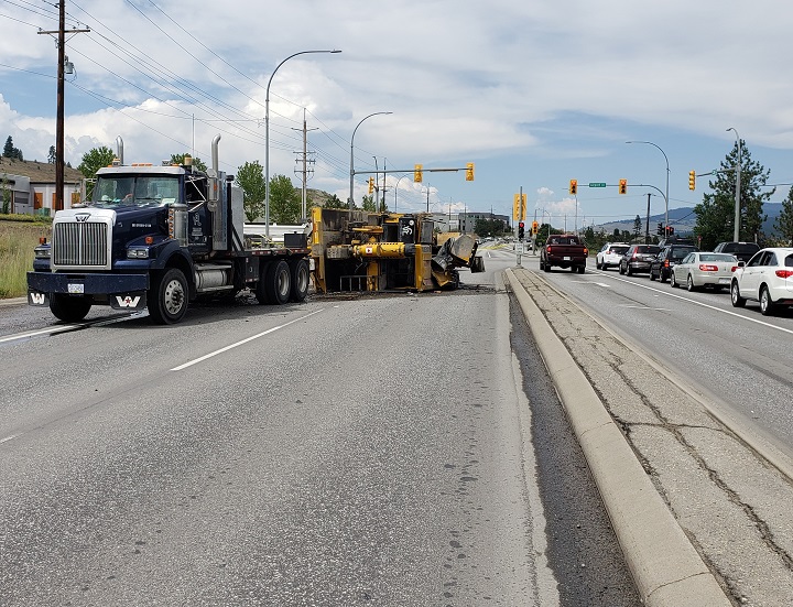 A view of the overturned trailer along Highway 97 and Airport Way in Kelowna.